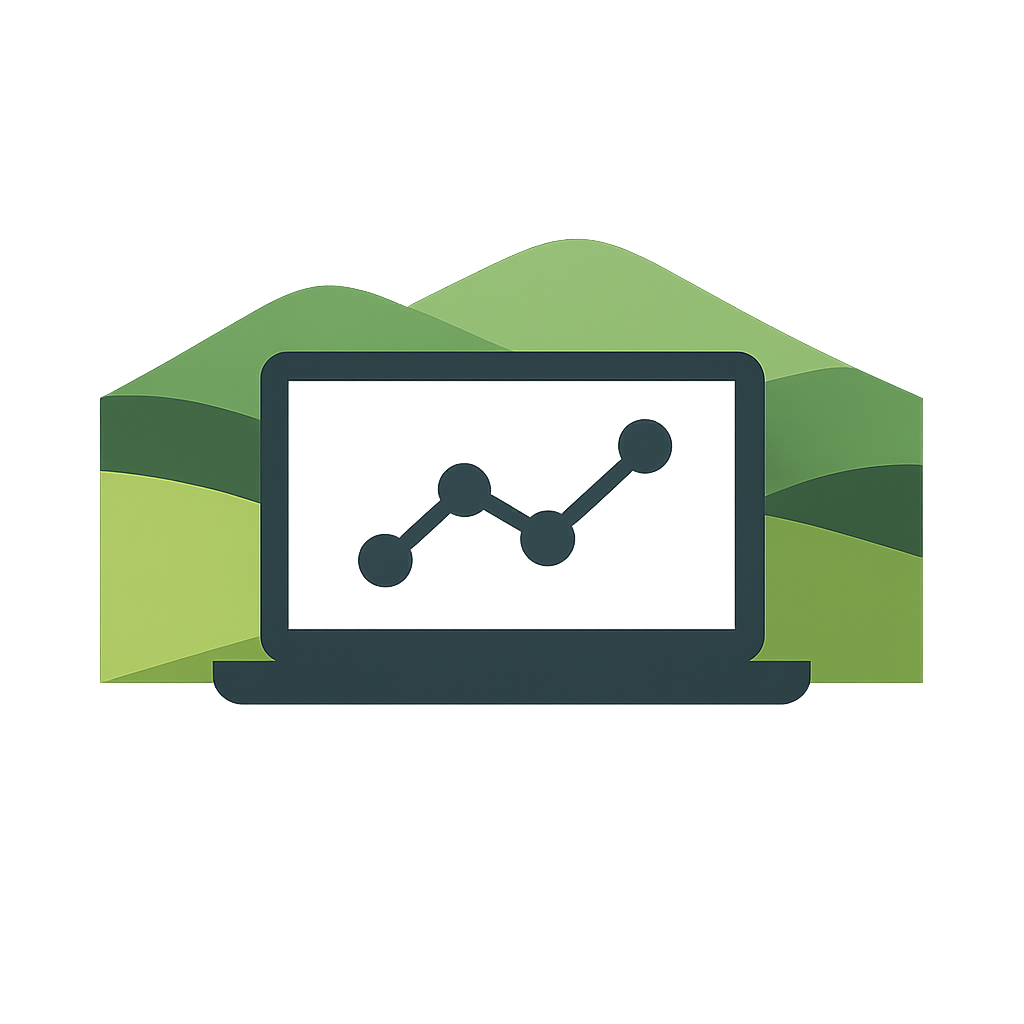 Software illustration - laptop with analytics in a valley landscape